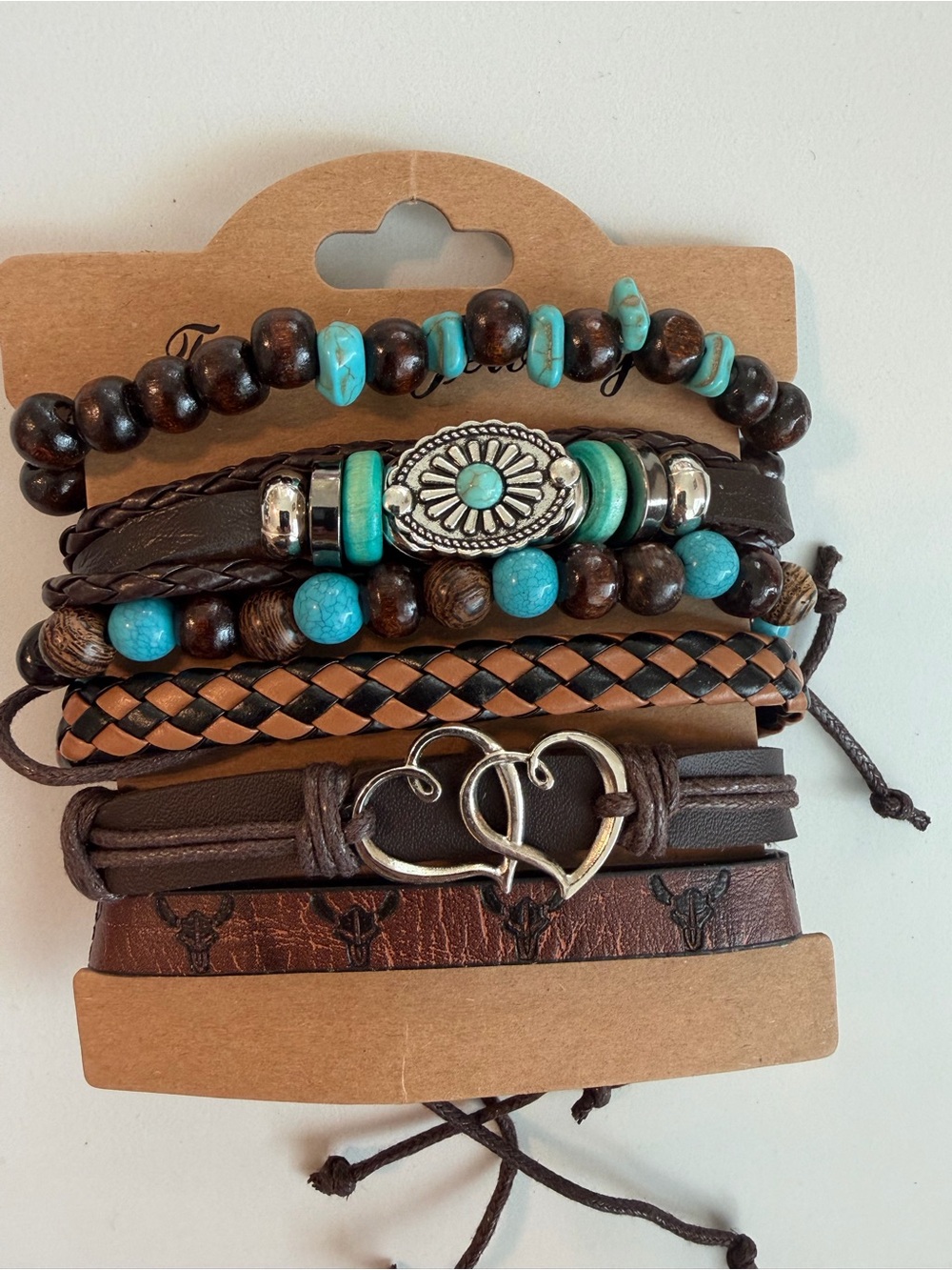 6 pcs Leather Western Turquoise bracelet stack double hearts